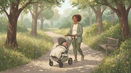 A new mother in a sage cardigan walking at an easy pace along a leafy park path, pushing a stroller with a sleeping baby under a cream blanket, the first step of postpartum weight loss