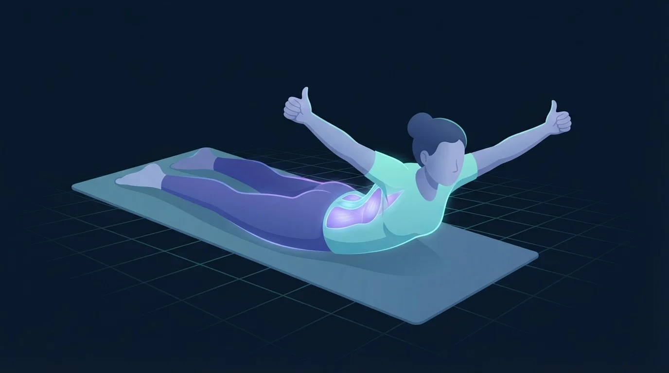 Personne allongée face contre un tapis effectuant un Y couché, pouces vers le haut et poitrine soulevée, trapèze inférieur et muscles spinaux en surbrillance