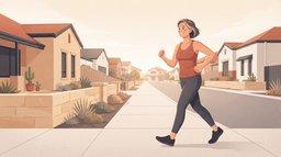 A woman in her fifties power walking along a quiet street of terracotta-roofed houses and sandstone walls, elbows bent and arms driving, with a short, quick stride