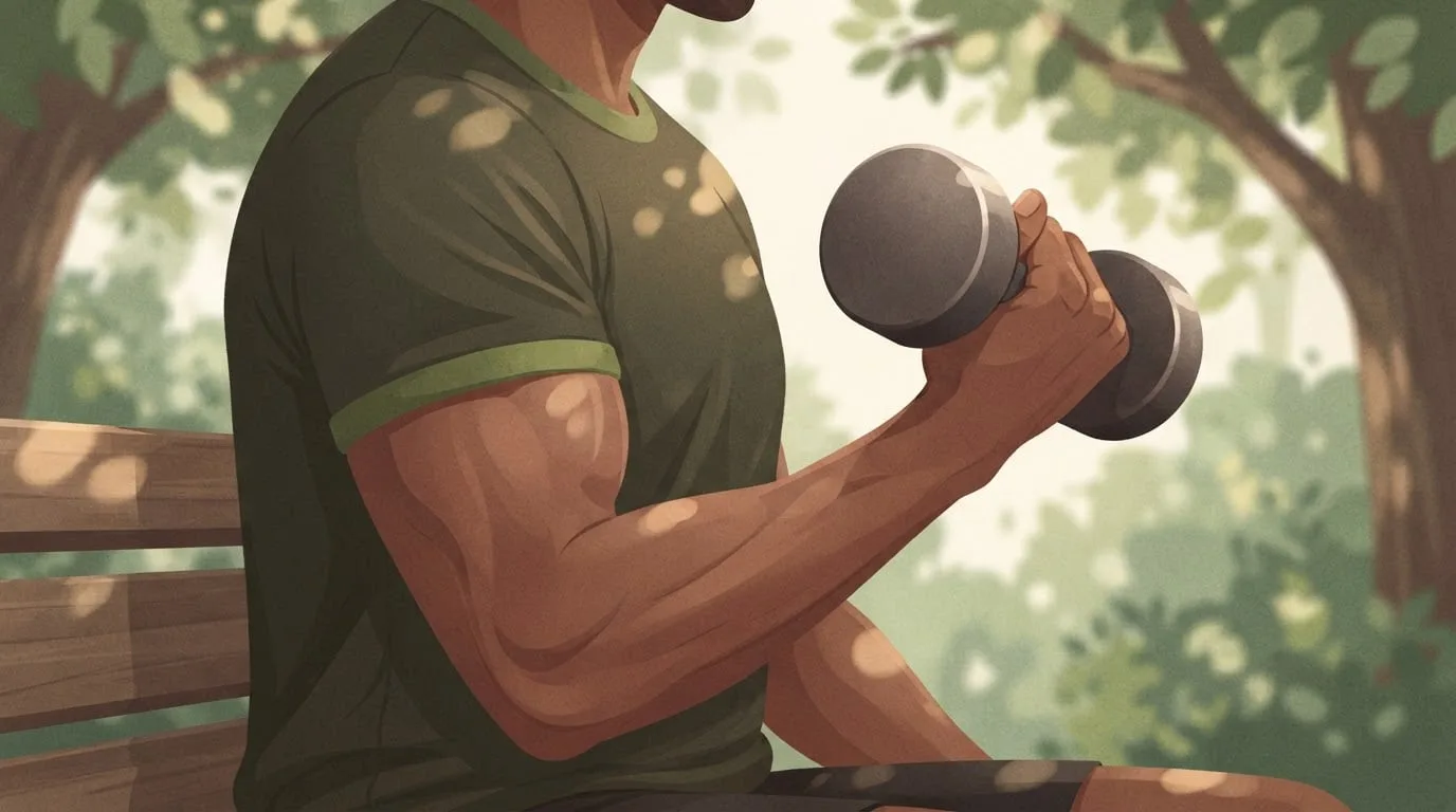 Primer plano del brazo de un hombre haciendo un curl con una mancuerna con agarre neutro, con el pulgar hacia arriba, en un banco de jardín a la sombra, con el bíceps y los músculos del antebrazo visibles, un curl martillo en el día de tirón