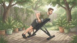 A man on a shaded garden patio leaning his chest against the top of an incline bench and rowing a dumbbell toward his hip, a supported dumbbell row in a pull day workout