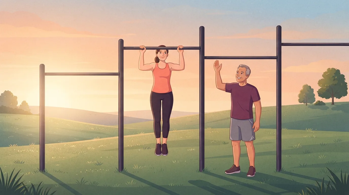 Eine Frau hängt bei Sonnenaufgang an einer Klimmzugstange im Freien in einem Park, während ein älterer Mann an der Nachbarstange lächelt und winkt, eine Reihe schlichter Metallstangen für Pull-Ups und Chin-Ups