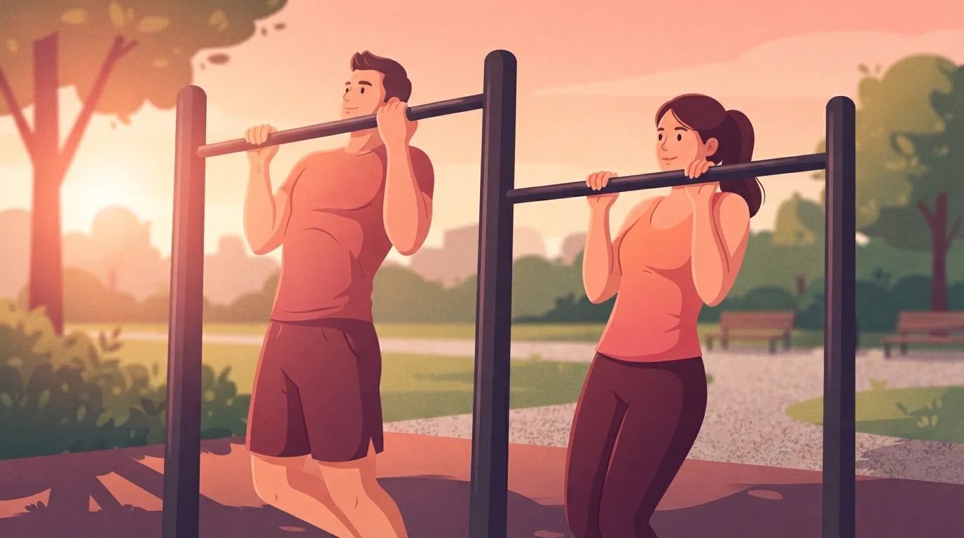 Ein Mann und eine Frau machen bei Sonnenaufgang nebeneinander Pull-Ups an benachbarten Stangen im Freien in einem Park, beide mit dem Kinn nahe der Stange