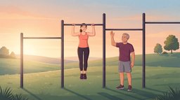 A woman hanging from an outdoor pull-up bar in a park at sunrise while an older man smiles and waves beside the next bar, a row of plain metal bars used for pullups and chinups