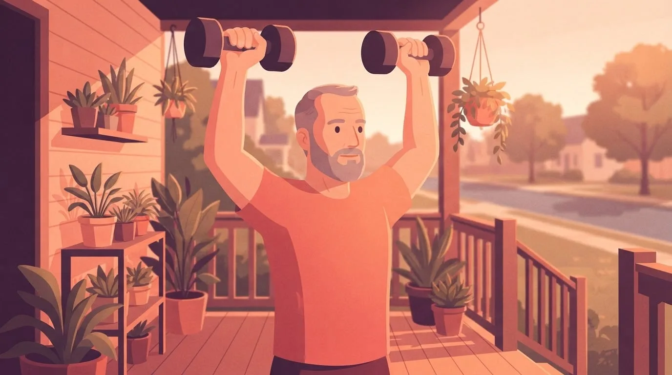 Ein grauhaariger Mann mit Bart auf einer sonnigen Veranda hinter dem Haus drückt im Stehen zwei Kurzhanteln über den Kopf, die Arme fast gestreckt neben dem Kopf, das Schulterdrücken in einem Push-Day-Workout mit Kurzhanteln