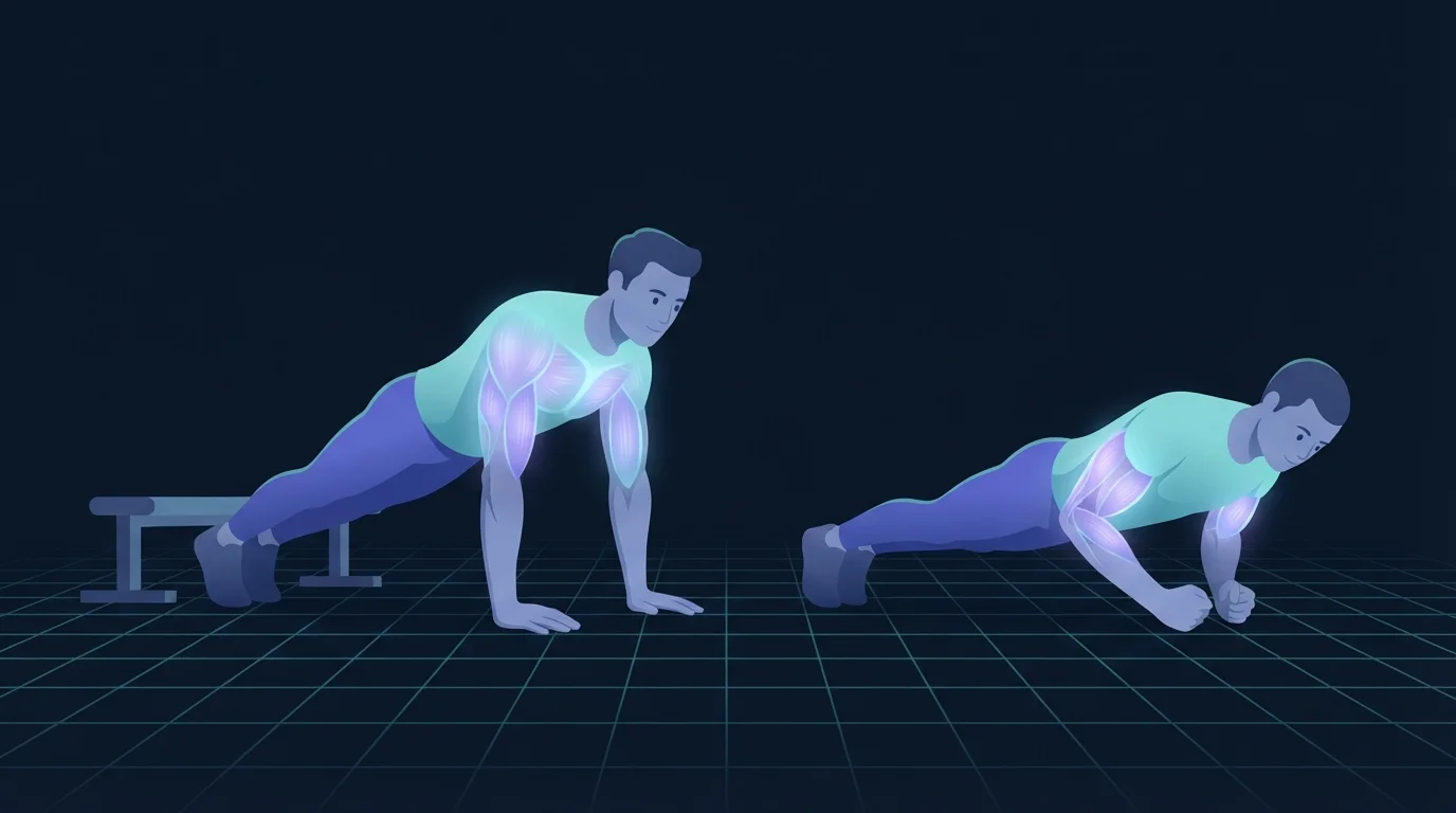 Deux figures qui poussent au sol, l'une avec les pieds surélevés sur un banc bas et le haut de la poitrine mis en lumière, l'autre avec les mains rapprochées sous le sternum et le triceps mis en lumière