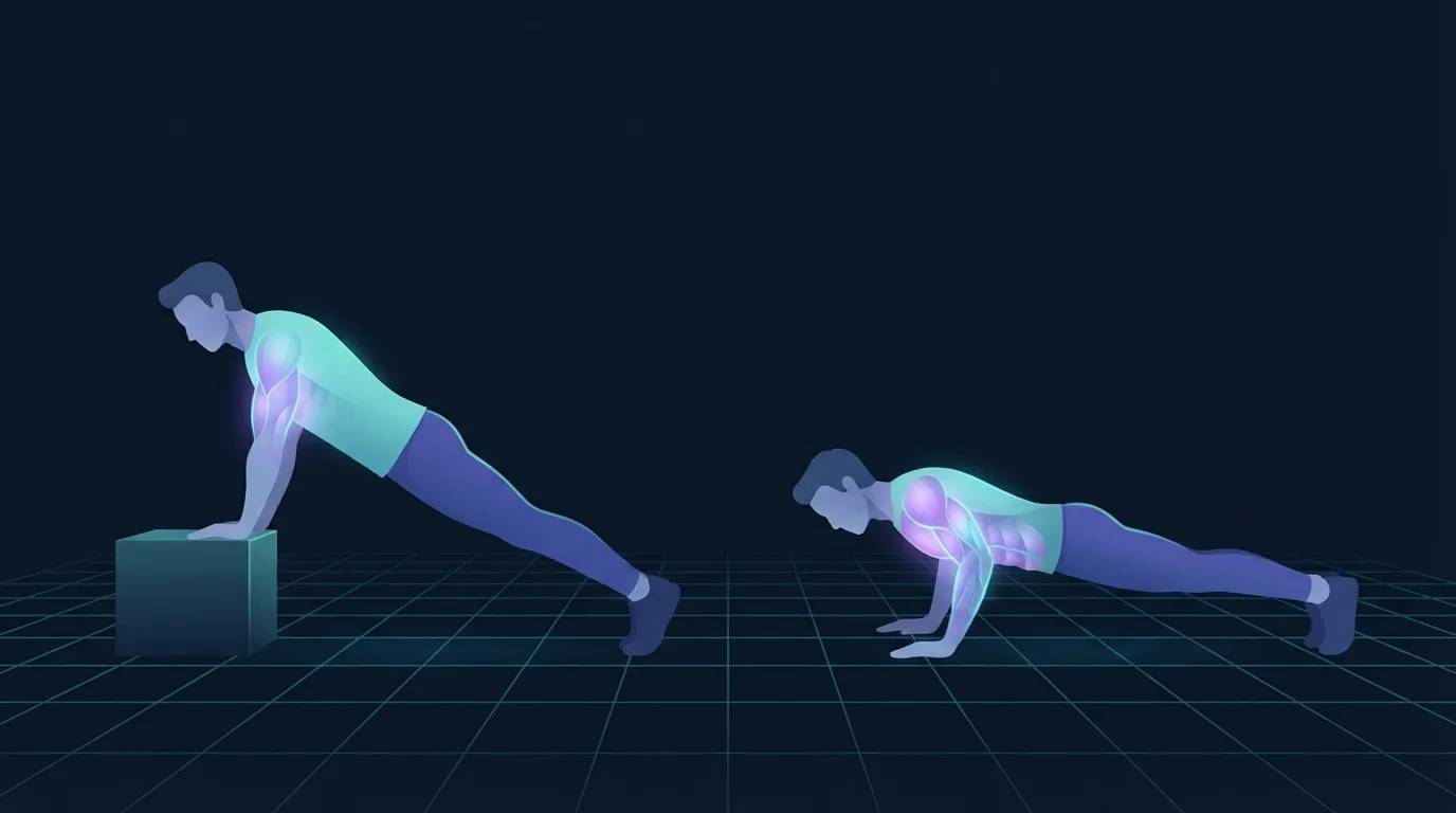 Deux figures qui poussent côte à côte, l'une avec les deux mains sur une boîte basse à un angle peu prononcé et l'autre à plat au sol avec la poitrine, les épaules, les triceps et la paroi abdominale mis en lumière plus intensément