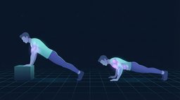 Two figures pressing side by side, one with both hands on a low box at a shallow angle and one flat on the floor with the chest, shoulders, triceps and abdominal wall lit up more brightly