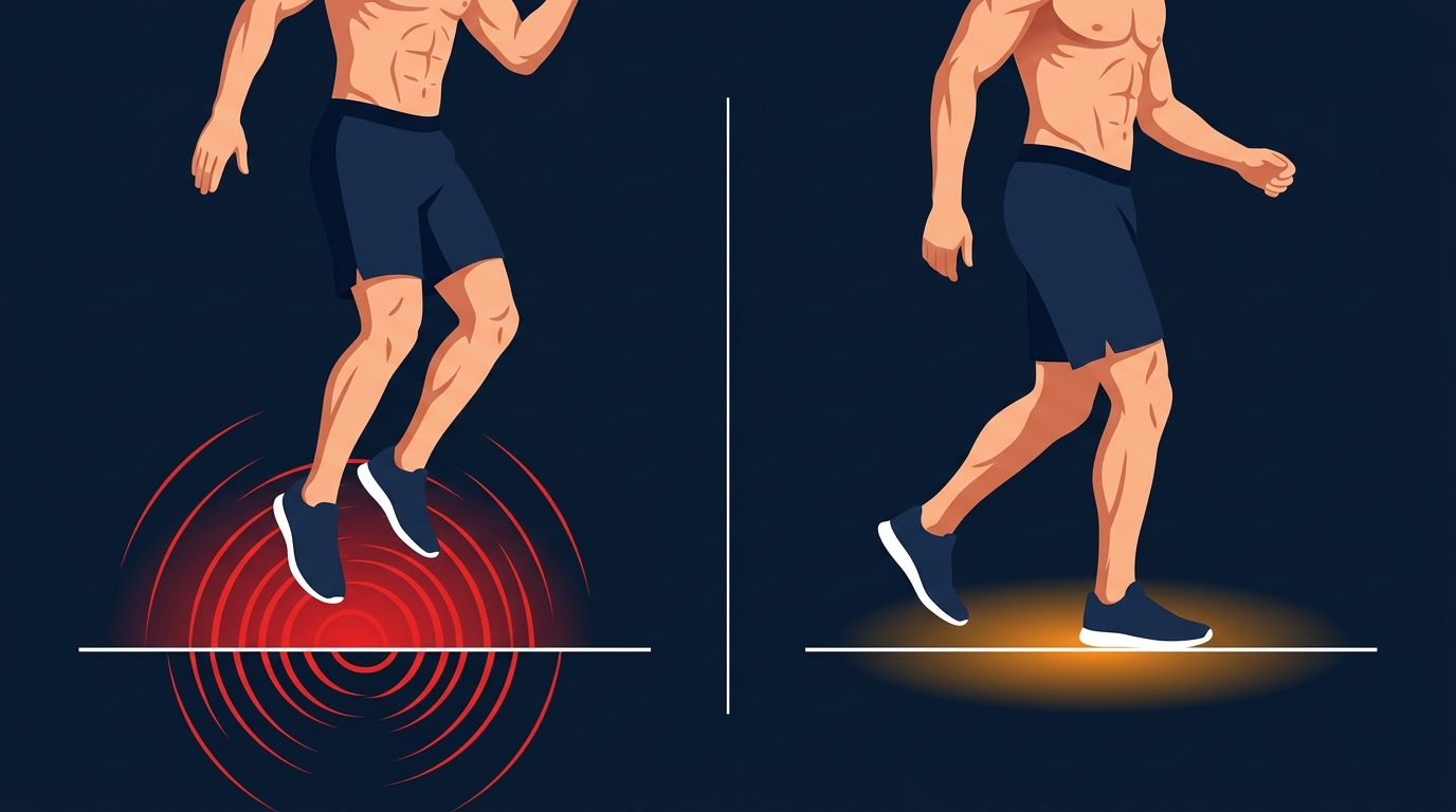 Illustration contrasting high-impact jumping exercises with quiet low-impact alternatives suitable for a hotel room above another guest