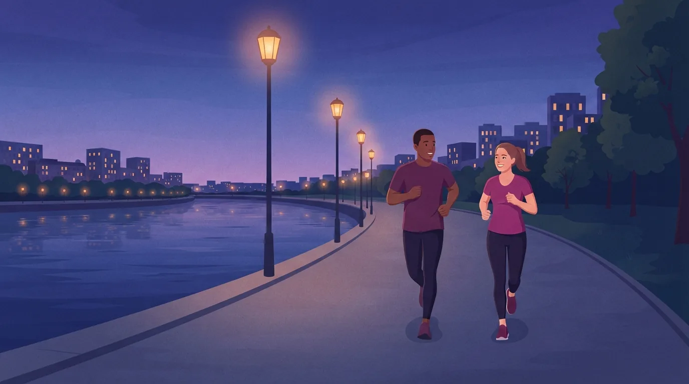 Dos corredores trotando uno al lado del otro y charlando por un camino urbano junto al río en la hora azul, bajo un cielo añil y violeta, con farolas ámbar que iluminan el camino, corriendo con un esfuerzo percibido fácil