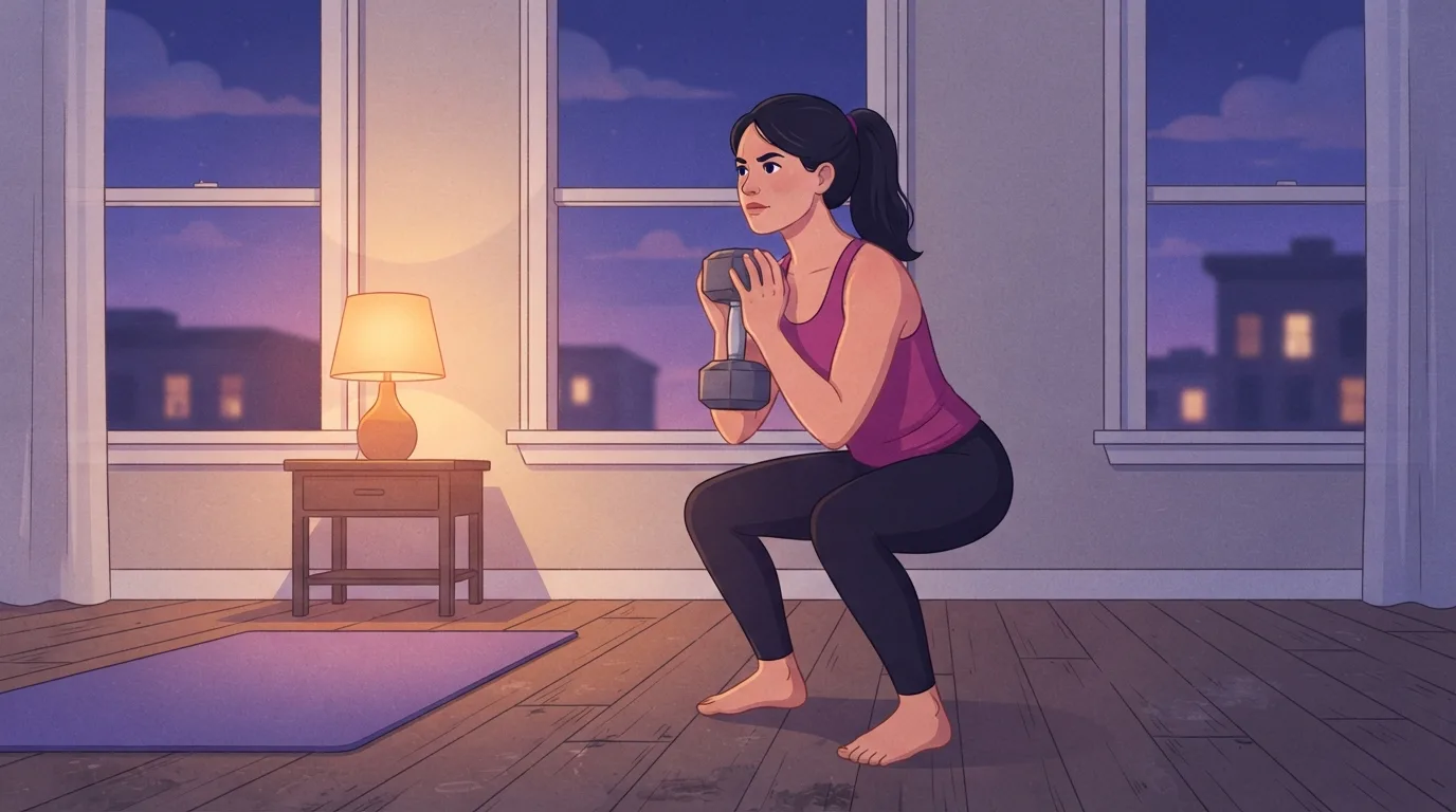 Una mujer concentrada de unos treinta años haciendo una sentadilla goblet con mancuerna junto a una esterilla de ejercicio violeta en un salón al anochecer, con una lámpara ámbar cálida que brilla contra las ventanas añil, trabajando las últimas repeticiones duras de una serie con un esfuerzo percibido alto