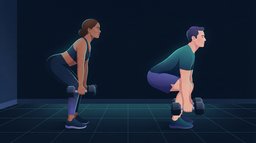 Two people lifting dumbbells side by side in a dark home gym: on the left a woman in a Romanian deadlift with only slightly bent knees, hips pushed back and the dumbbells just below her knees, on the right a man in a deadlift with deeply bent knees and the dumbbells near the floor