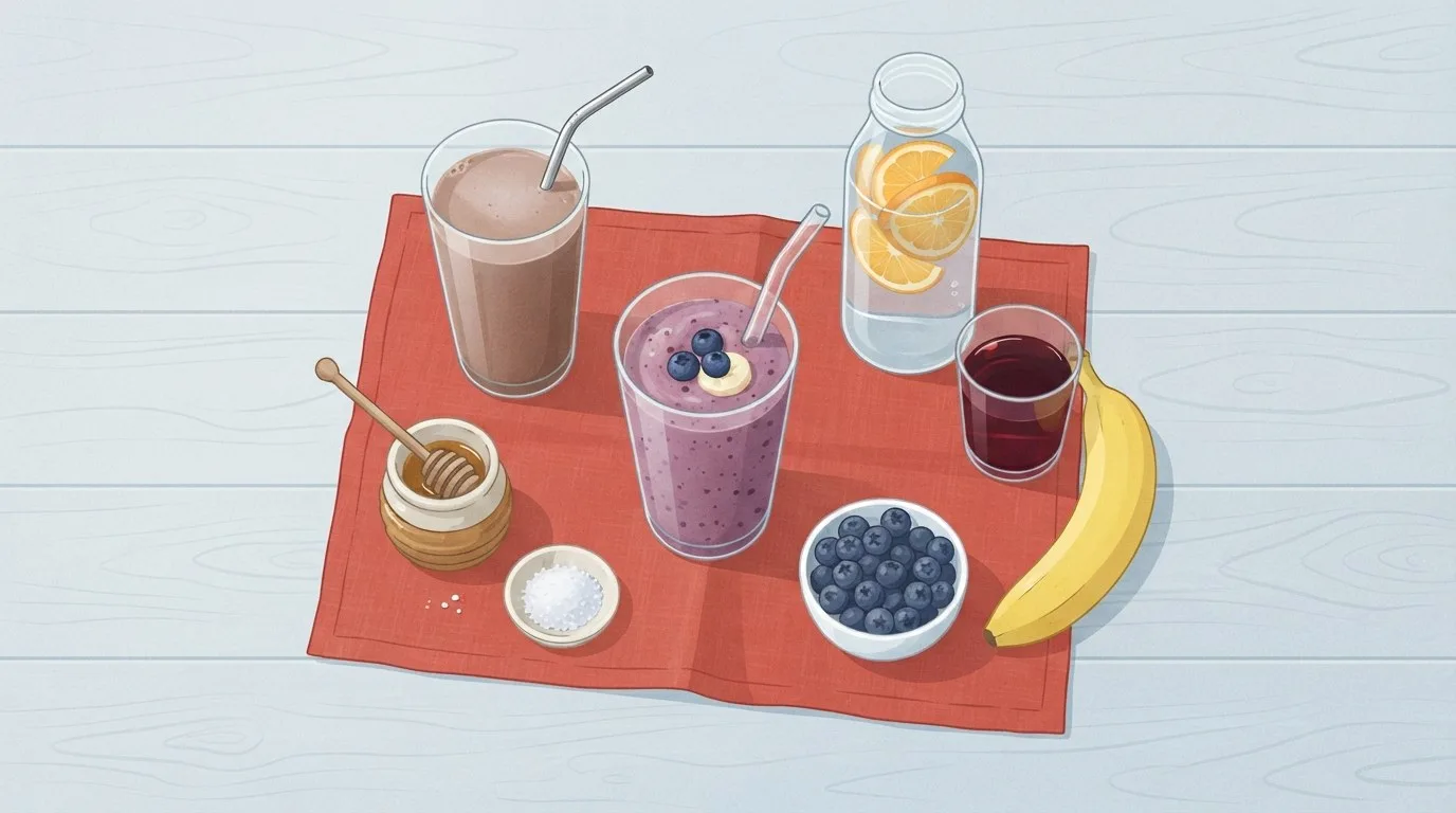 Overhead view of homemade recovery drinks on a red napkin: a glass of chocolate milk, a blueberry and banana smoothie, a bottle of water with orange slices and a small glass of tart cherry juice, with a banana, blueberries, a honey pot and a dish of salt
