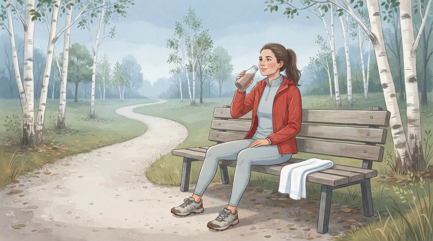 A woman in a red jacket and grey running clothes sitting on a wooden park bench among birch trees on an overcast morning, drinking a recovery drink of chocolate milk from a glass bottle after a run, a white towel beside her