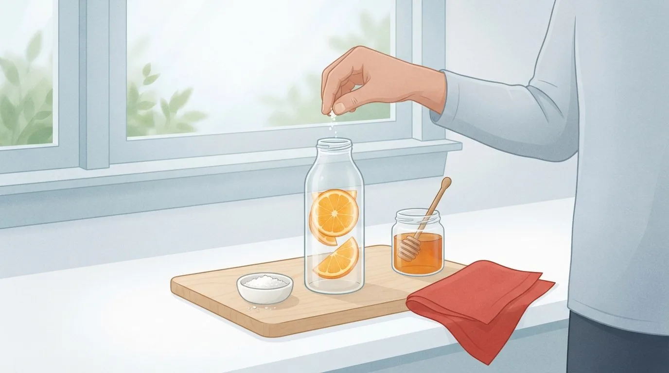 Close-up of a hand dropping a pinch of salt into a clear glass bottle of water with orange slices on a birch board by a window, with a small dish of salt, a jar of honey and a red napkin beside it