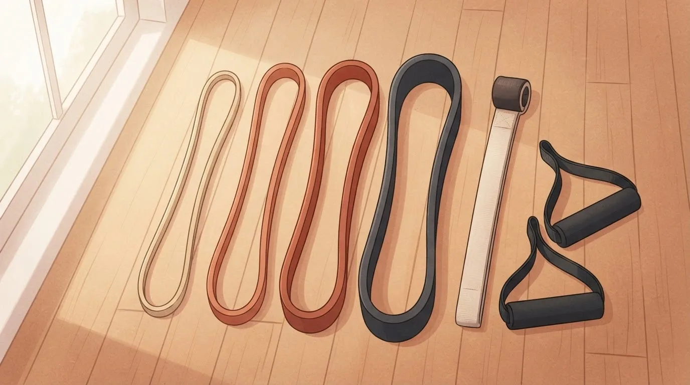 Overhead view of four long loop resistance bands in sand, terracotta, rust and charcoal laid side by side on a wooden floor with a fabric door anchor and two foam handles, the kit for arm exercises with resistance bands
