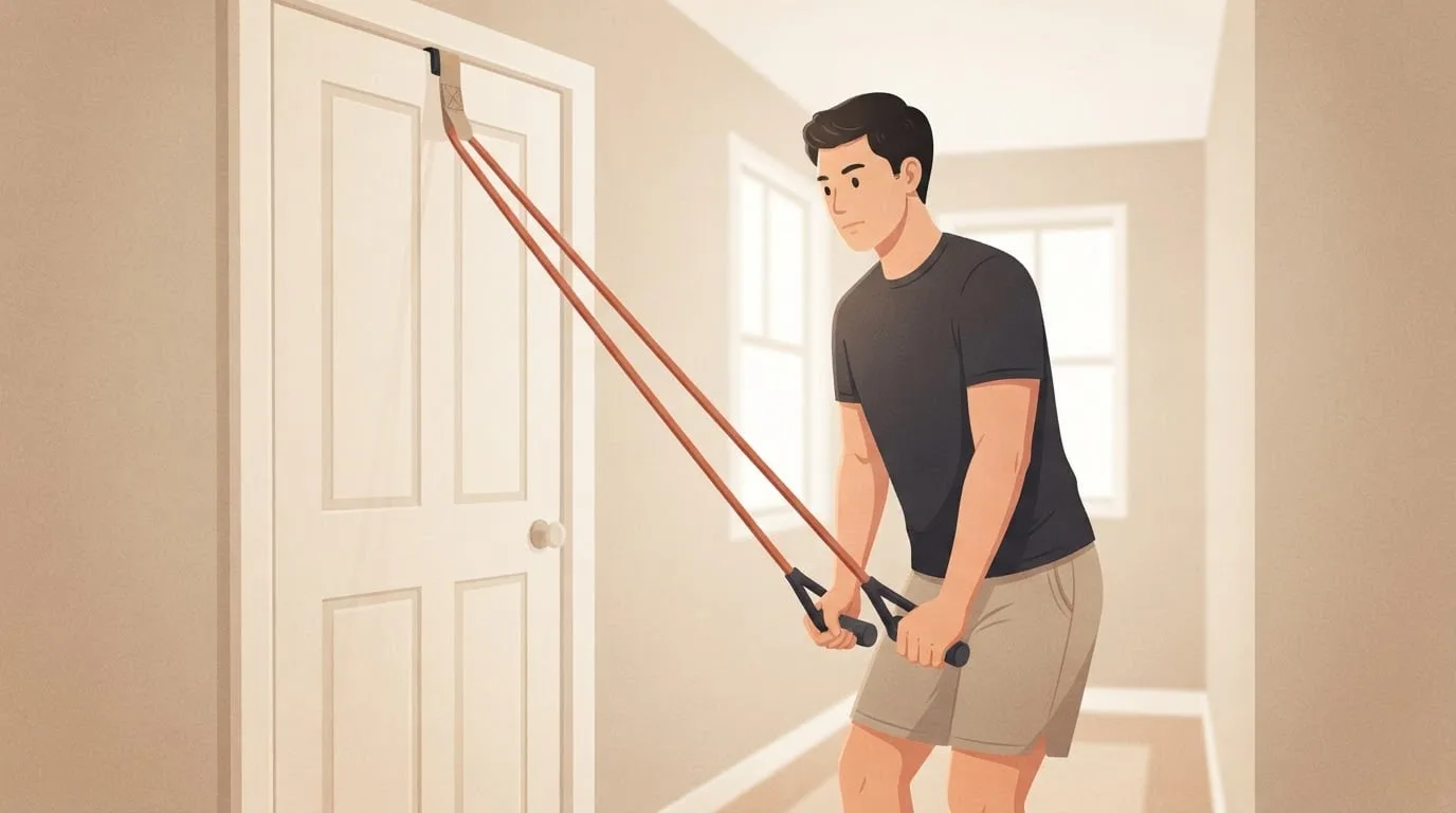 A young man in a charcoal t-shirt pushing two band handles down toward his thighs, the band running up to a door anchor strap clamped in the top of a closed hallway door, a triceps pushdown with a resistance band