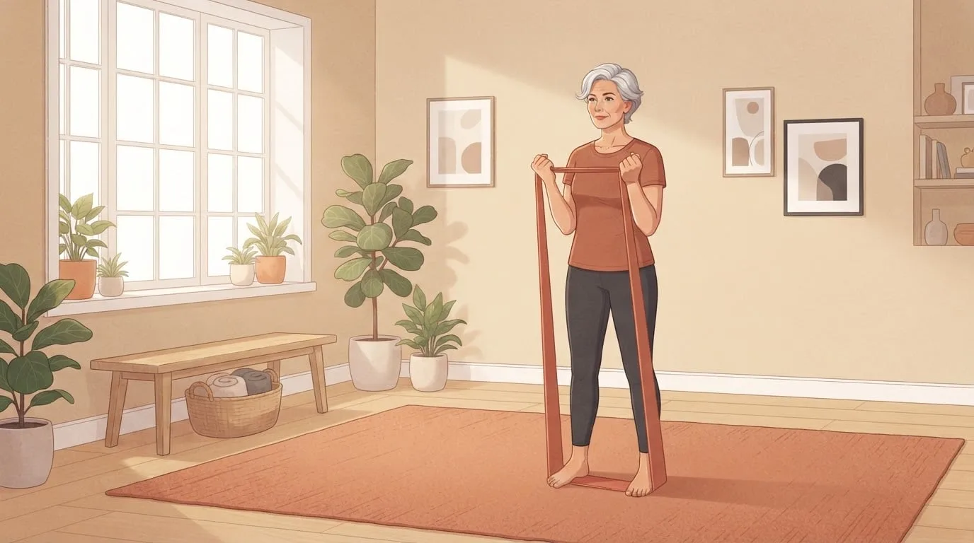 A woman in her fifties with short grey hair standing on a long terracotta resistance band in a sunlit living room, curling it up to her shoulders with her elbows at her sides, the first move of a resistance band arm workout