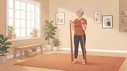 A woman in her fifties with short grey hair standing on a long terracotta resistance band in a sunlit living room, curling it up to her shoulders with her elbows at her sides, the first move of a resistance band arm workout