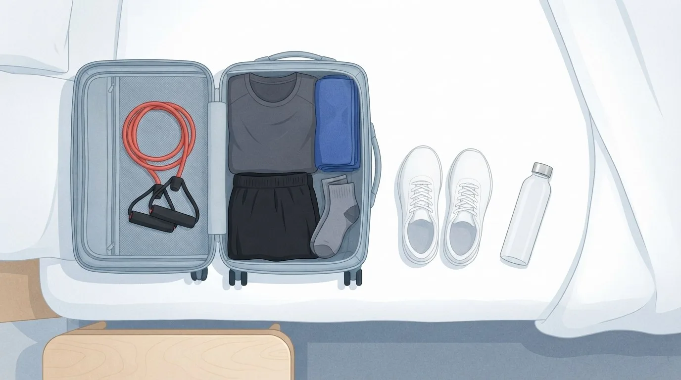 Ansicht von oben auf einen offenen Handgepäckkoffer auf einem Hotelbett mit gefalteter Sportkleidung und einem aufgerollten roten Widerstandsband mit Griffen im Deckelfach, daneben weiße Sneaker und eine Wasserflasche