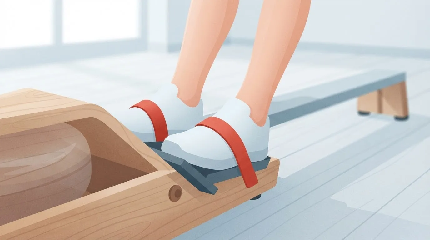 Gros plan sur deux pieds en baskets blanches sanglés dans les cale-pieds inclinés d'un rameur en bois avec des sangles rouges, les tibias presque verticaux au début d'une coulée