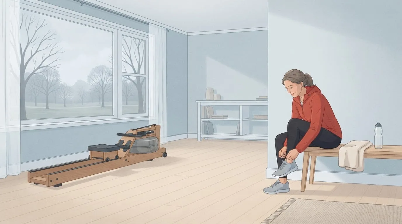 Un salon calme par un matin couvert avec un rameur en bois près d'une grande fenêtre, et une femme d'une cinquantaine d'années en veste rouge assise sur un banc près de la porte, laçant ses chaussures de course