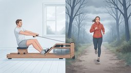 Side-by-side illustration of rowing vs running: a man finishing a stroke on a wooden rowing machine in a bright living room, and a woman in a red jacket running along a park path on an overcast day