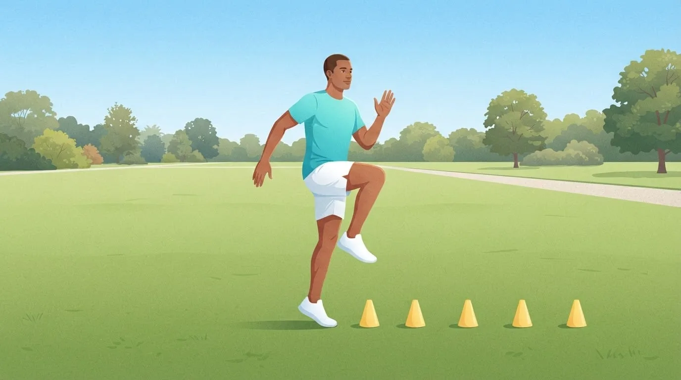 A man in a turquoise shirt doing an A-skip on a sunny park field beside a row of small yellow cones, one knee driven up to hip height and his trunk tall, a classic running form drill