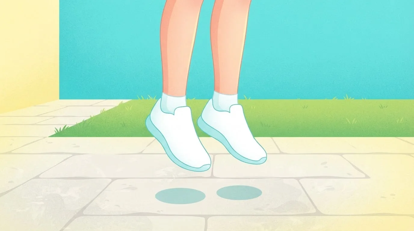 Close-up of two feet in white running shoes hopping together just above a sunny stone patio, ankles firm and toes pointed slightly down, a pogo hop drill that trains springy calves and Achilles tendons