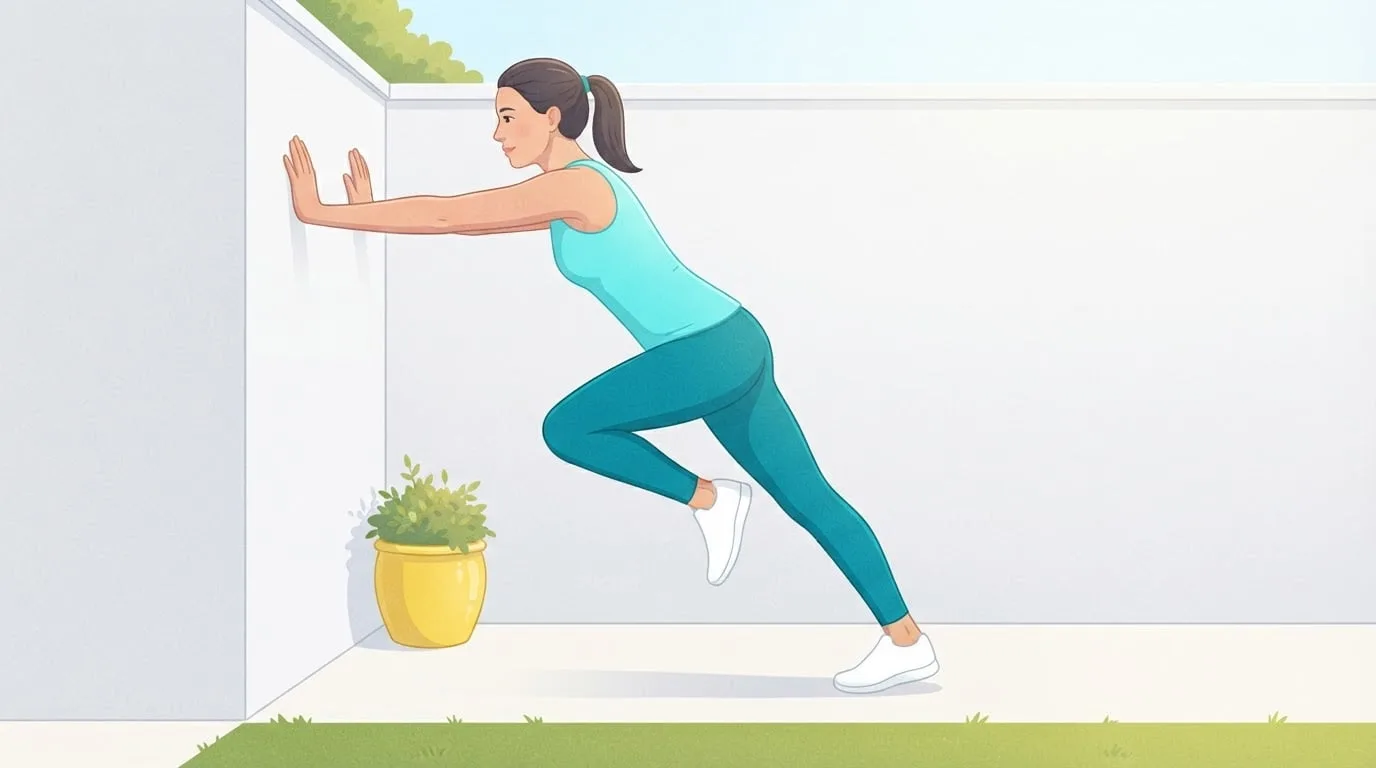 A woman doing a wall drill in a sunny backyard, hands on a white wall and body leaning forward from heel to shoulders as she drives one knee forward and up, a running form drill at home