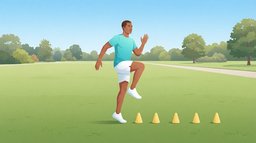 A man in a turquoise shirt doing an A-skip on a sunny park field beside a row of small yellow cones, one knee driven up to hip height and his trunk tall, a classic running form drill