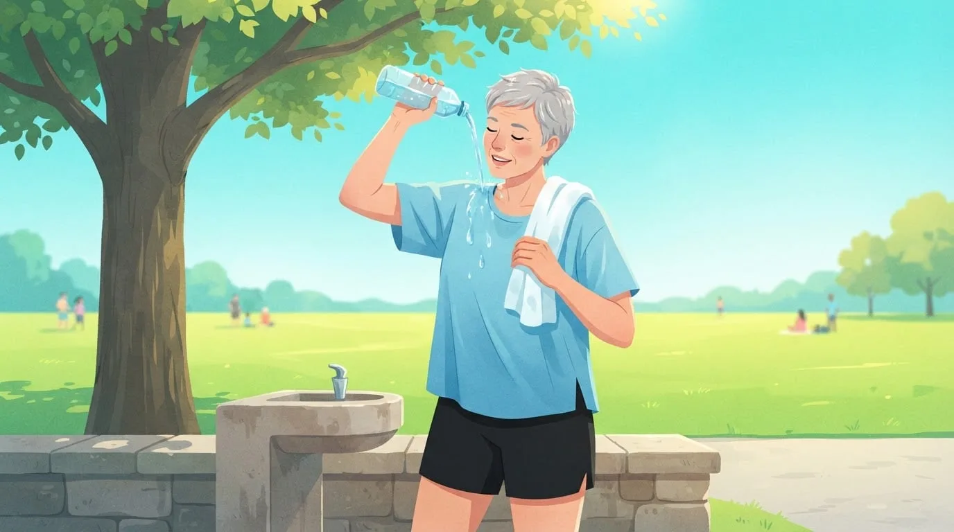 A woman in her fifties with short grey hair pausing in the shade of a park tree during a hot run, pouring cool water from a bottle over her neck with a damp white towel on her shoulder, a stone drinking fountain beside her