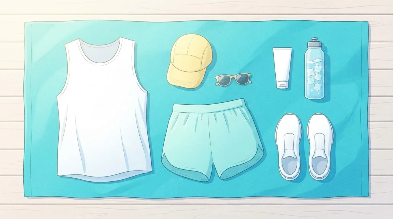 Overhead view of hot-weather running gear laid out on a turquoise towel: a loose white sleeveless top, light aqua shorts, a pale yellow cap, sunglasses, a plain tube of sunscreen, a bottle of ice water and white running shoes