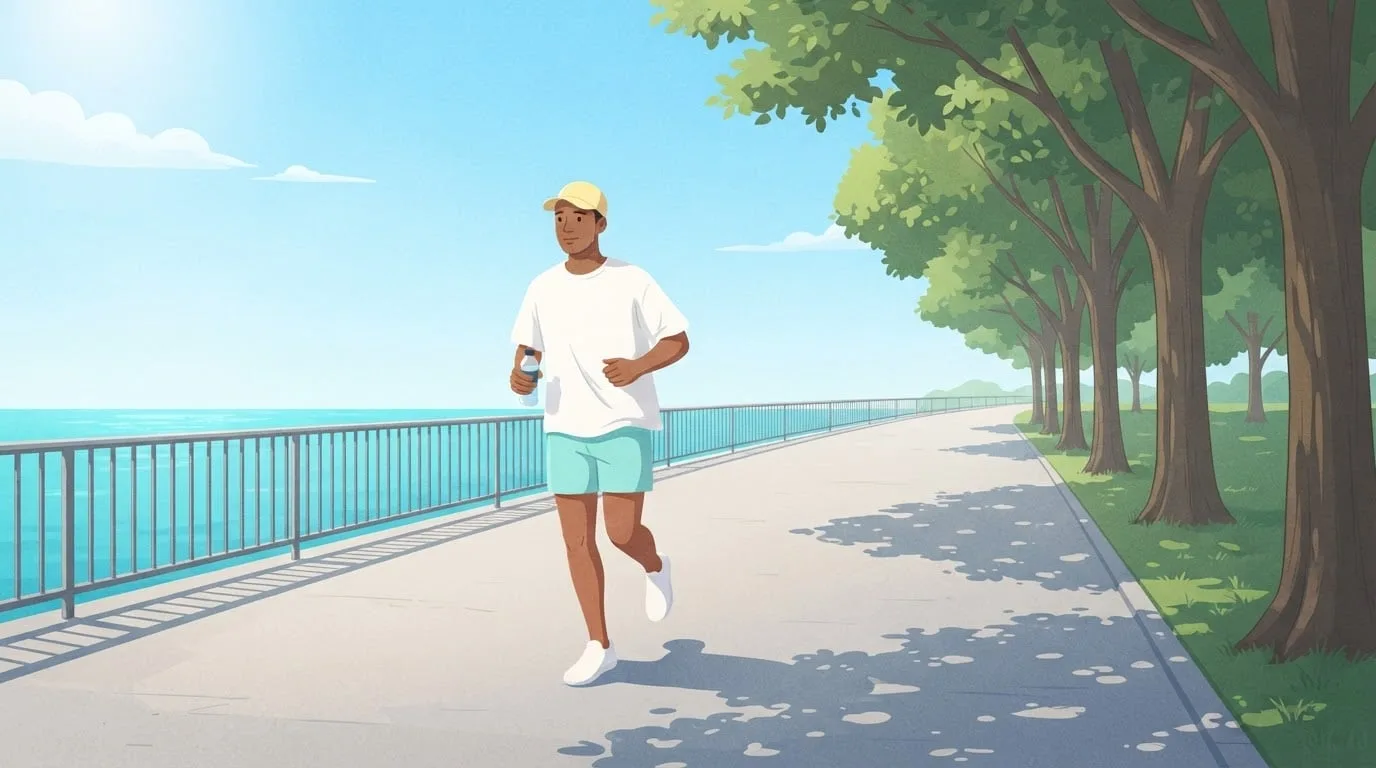 A man in a loose white t-shirt, aqua shorts and a pale yellow cap running at an easy pace on a waterfront path on a hot, sunny day, carrying a small water bottle, with a line of shade trees and turquoise water beside him