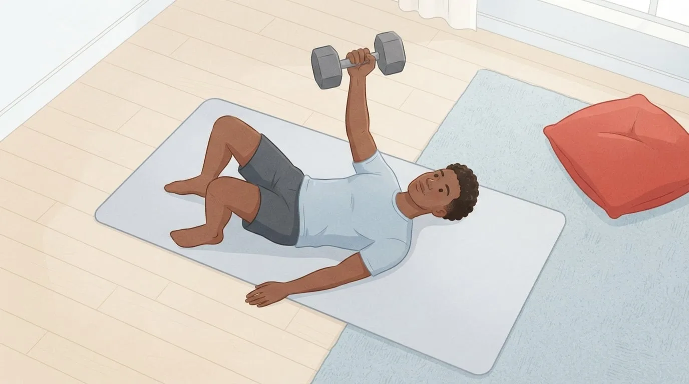 High-angle view of a young man lying on his back on a pale mat with knees bent, pressing one hexagonal dumbbell straight up toward the ceiling, a supine dumbbell punch for the serratus anterior at home