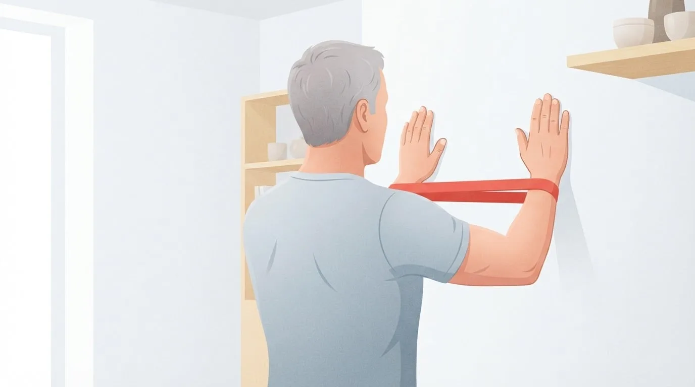 A grey-haired man seen from behind with his hands on a white wall and a red resistance band around his wrists, sliding his arms upward, a wall slide exercise that strengthens the serratus anterior above shoulder height