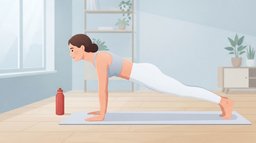 A woman in a pale grey top holding the top of a push-up on a mat in a bright living room with a birch floor, arms straight as she pushes the floor away, the finish of a push-up plus, one of the best serratus anterior exercises