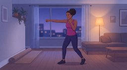 A woman in a magenta tank top shadow boxing in a living room at dusk, throwing a straight punch with her other fist at her cheek, a violet city sky in the window behind her and a warm lamp beside the sofa, a shadow boxing workout at home