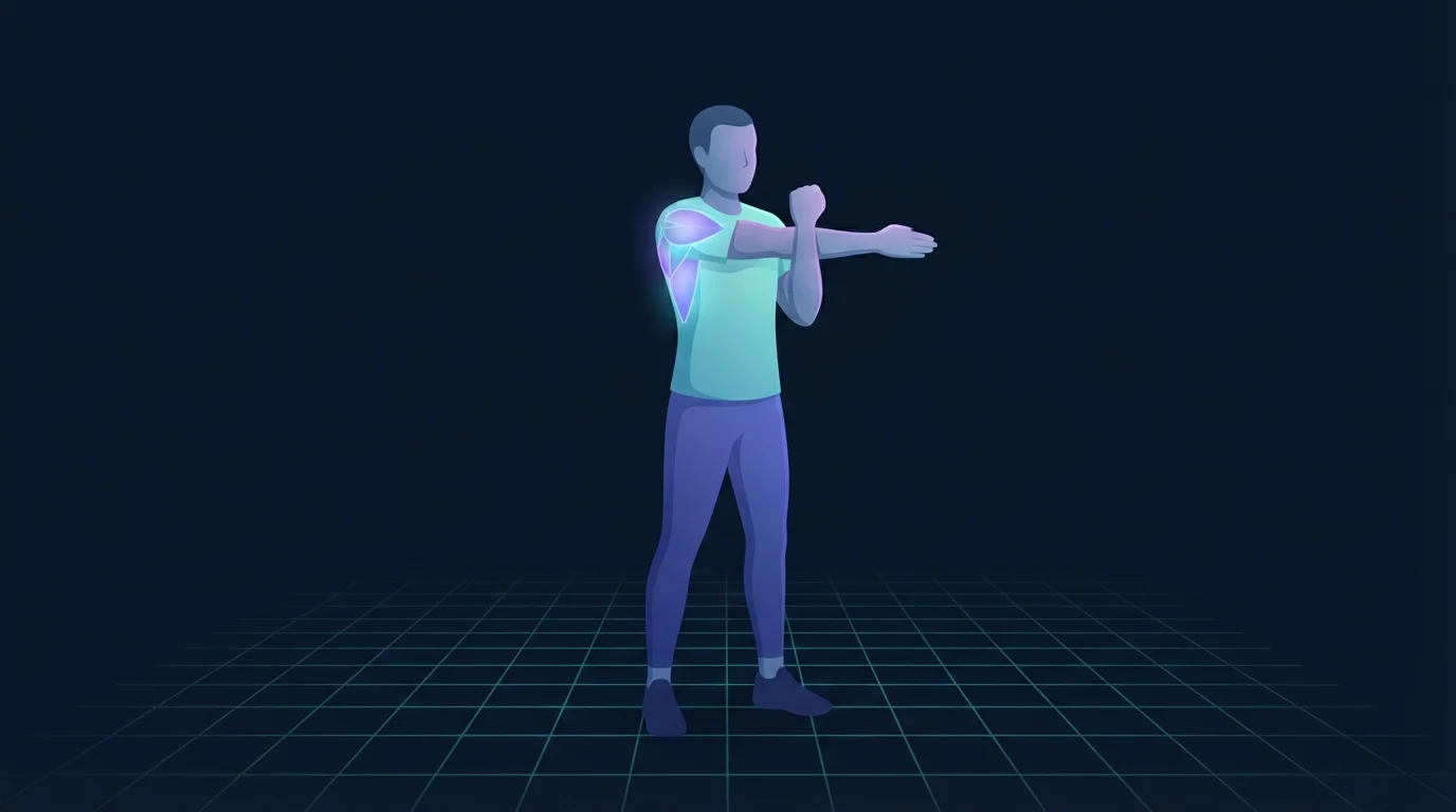 An illustrated figure drawing one straight arm across the chest with the opposite hand, the back of the shoulder glowing, the cross-body stretch used in shoulder mobility exercises