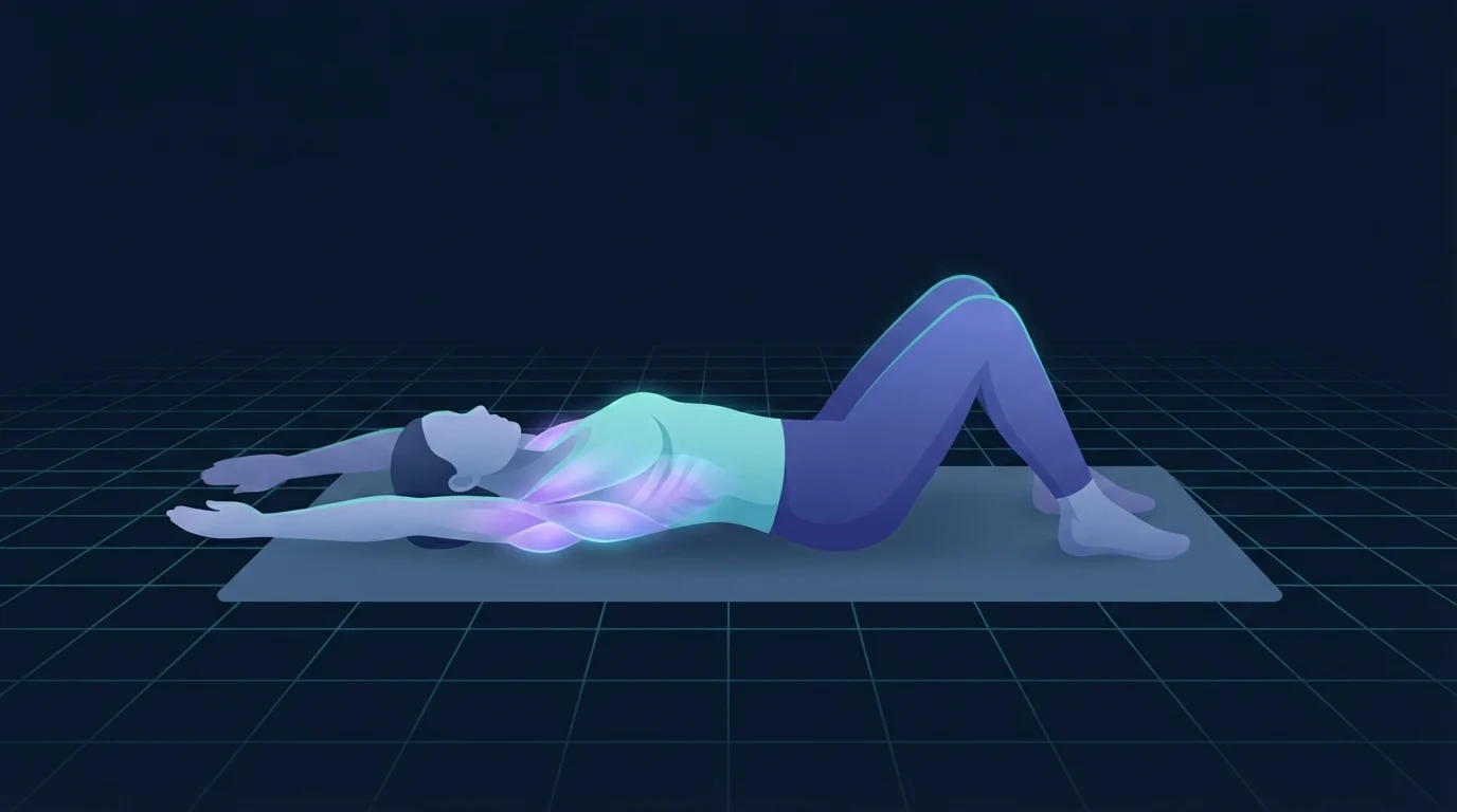 An illustrated figure lying on a mat with knees bent and both arms reaching overhead to the floor, shoulders and ribcage glowing, the floor position used to test overhead shoulder range