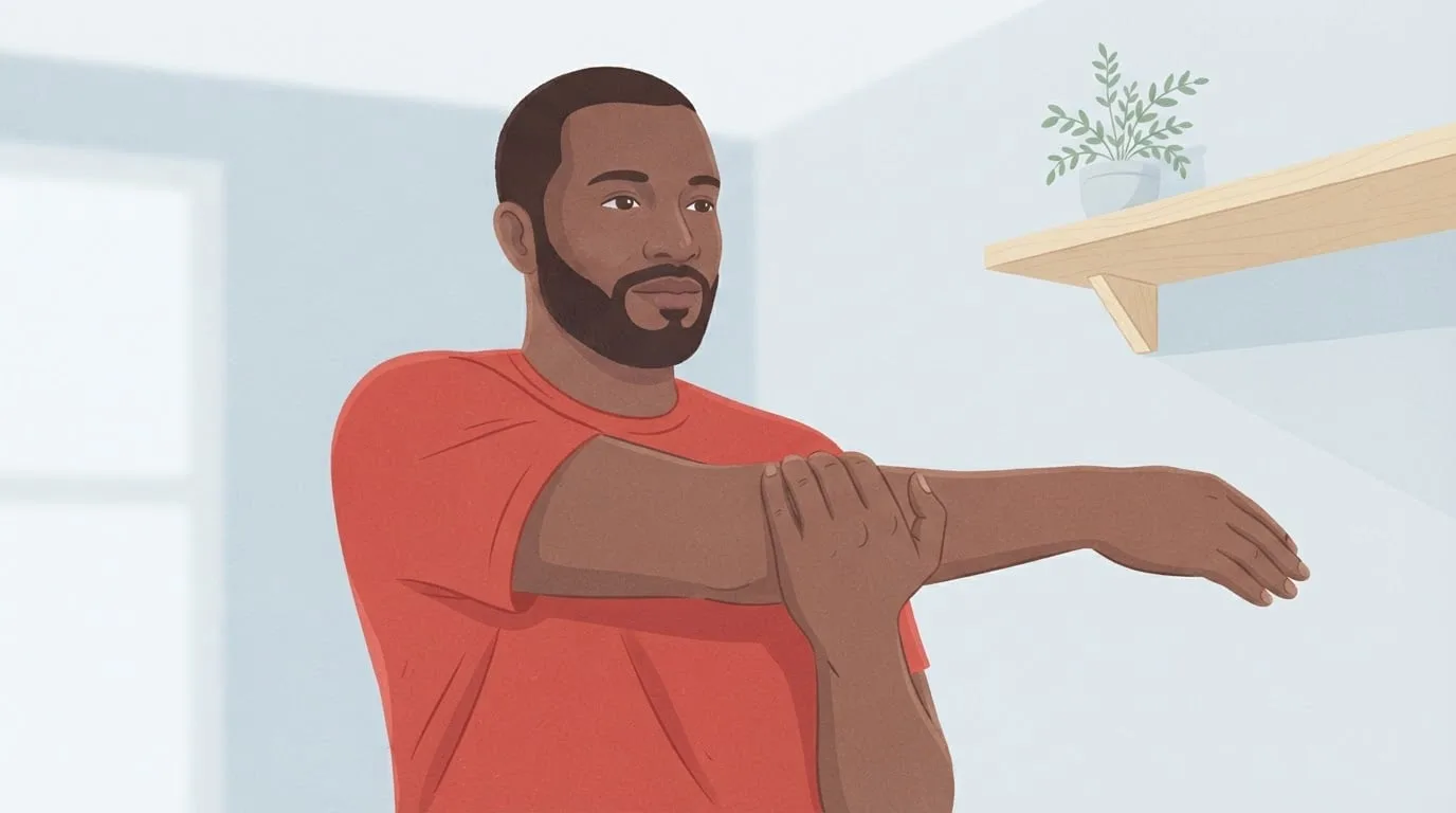 Close-up of a man doing a cross-body shoulder stretch, one straight arm drawn across his chest by the other hand holding just above the elbow, shoulder kept low, in a calm grey room with a birch shelf