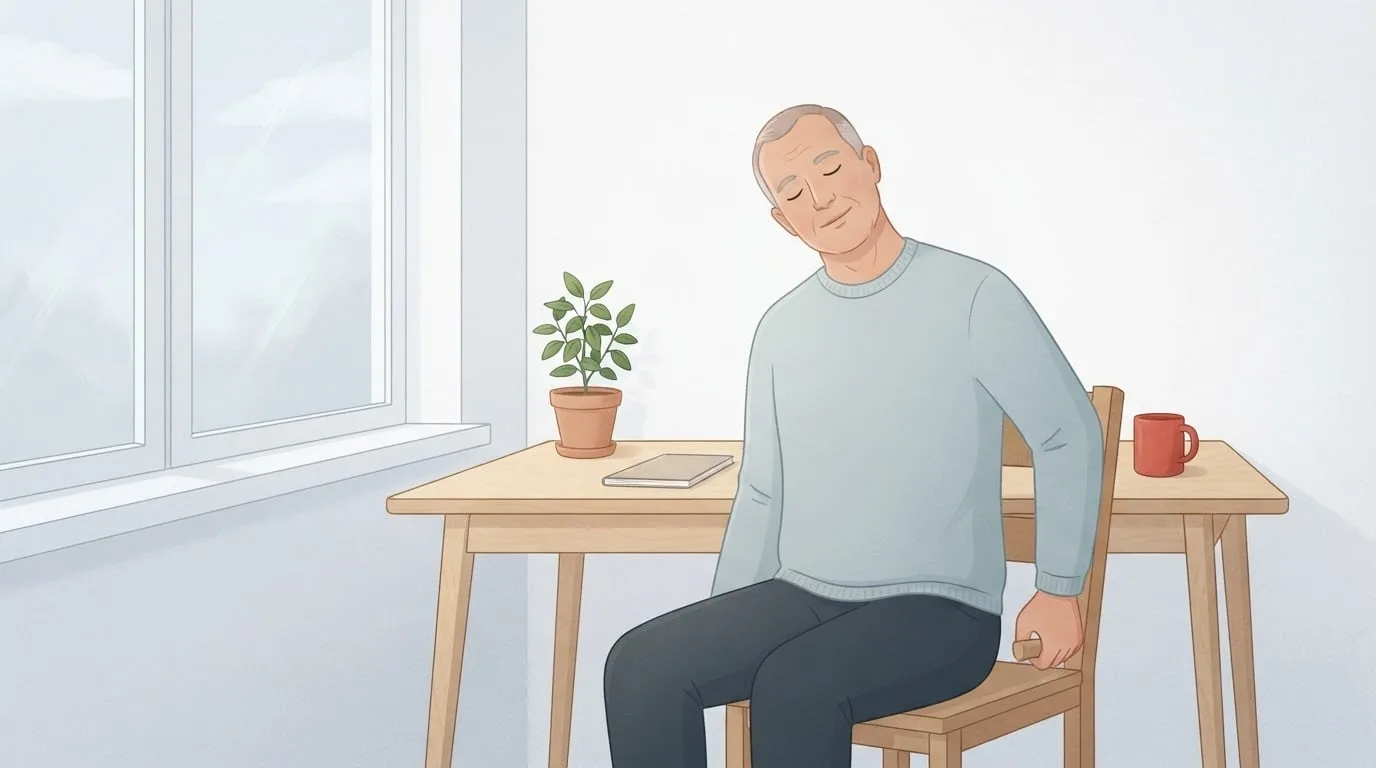 A man in his fifties sitting at a birch desk by a window on an overcast day, holding the edge of his chair with one hand and tilting his ear toward the other shoulder in an upper trap stretch