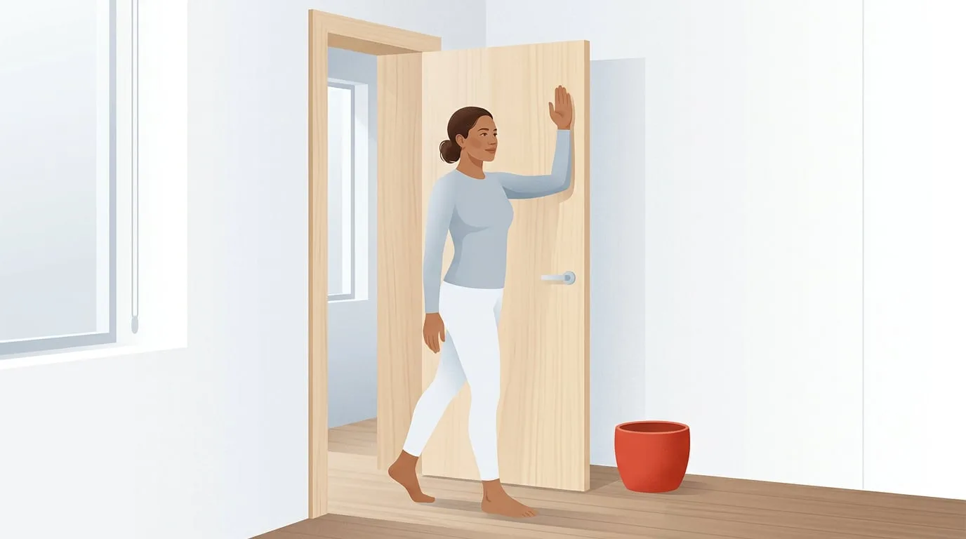 A woman stepping forward through a doorway in a bright apartment, one arm bent at a right angle with her palm pressed against the pale wooden door at shoulder height, opening the front of her chest and shoulder in a doorway chest stretch