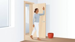 A woman stepping forward through a doorway in a bright apartment, one arm bent at a right angle with her palm pressed against the pale wooden door at shoulder height, opening the front of her chest and shoulder in a doorway chest stretch