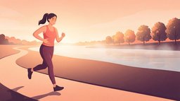 A woman in a coral running top on a riverside path at sunrise pressing a hand into her side below the ribs, wincing from a side stitch as she slows down