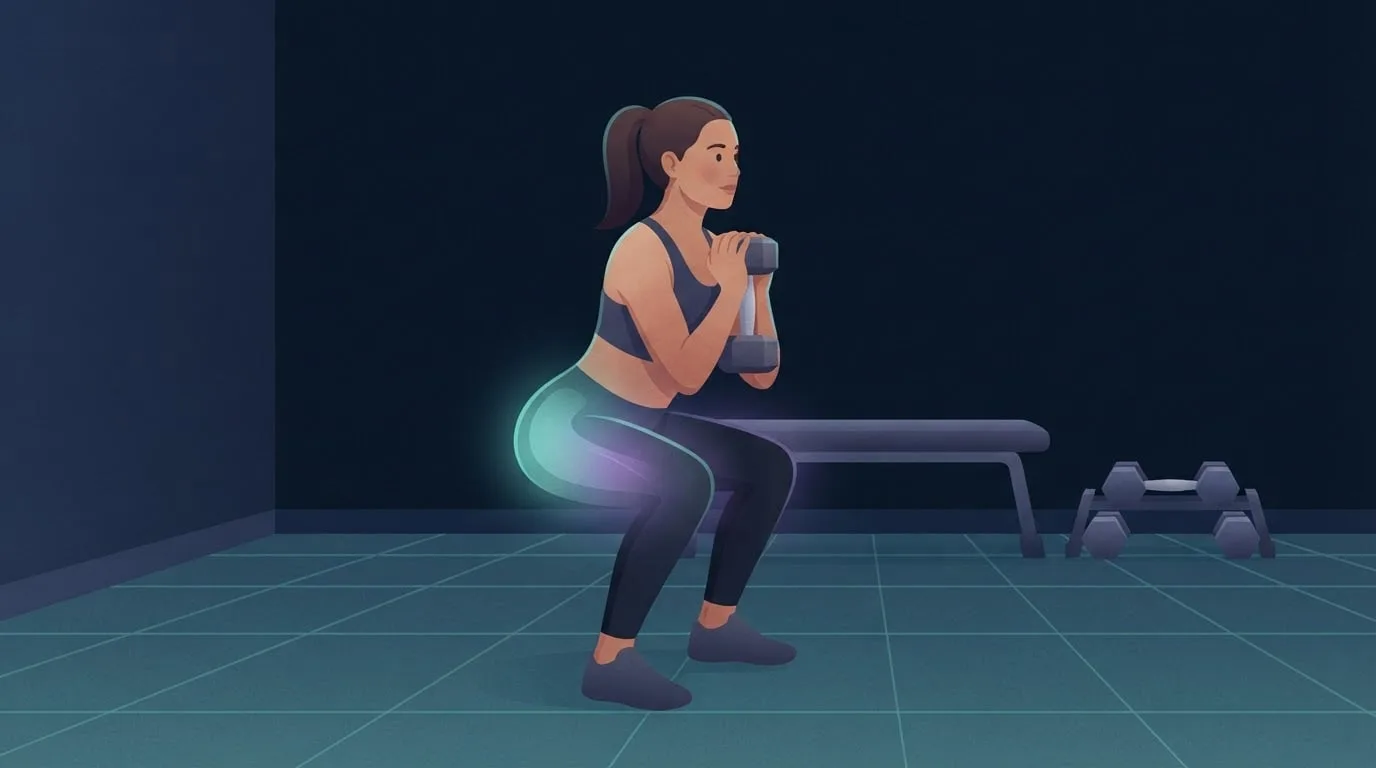 A woman at the bottom of a goblet squat holding one dumbbell at her chest in a dark navy home gym with a faint teal grid floor, her glutes and thighs glowing teal and violet