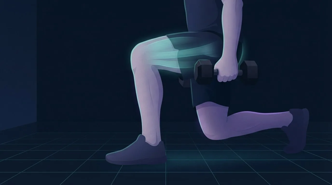 Close-up of a front leg in a reverse lunge on a dark navy grid floor, the knee bent over the middle of the foot and a dumbbell hanging at the side, with the front thigh glowing teal