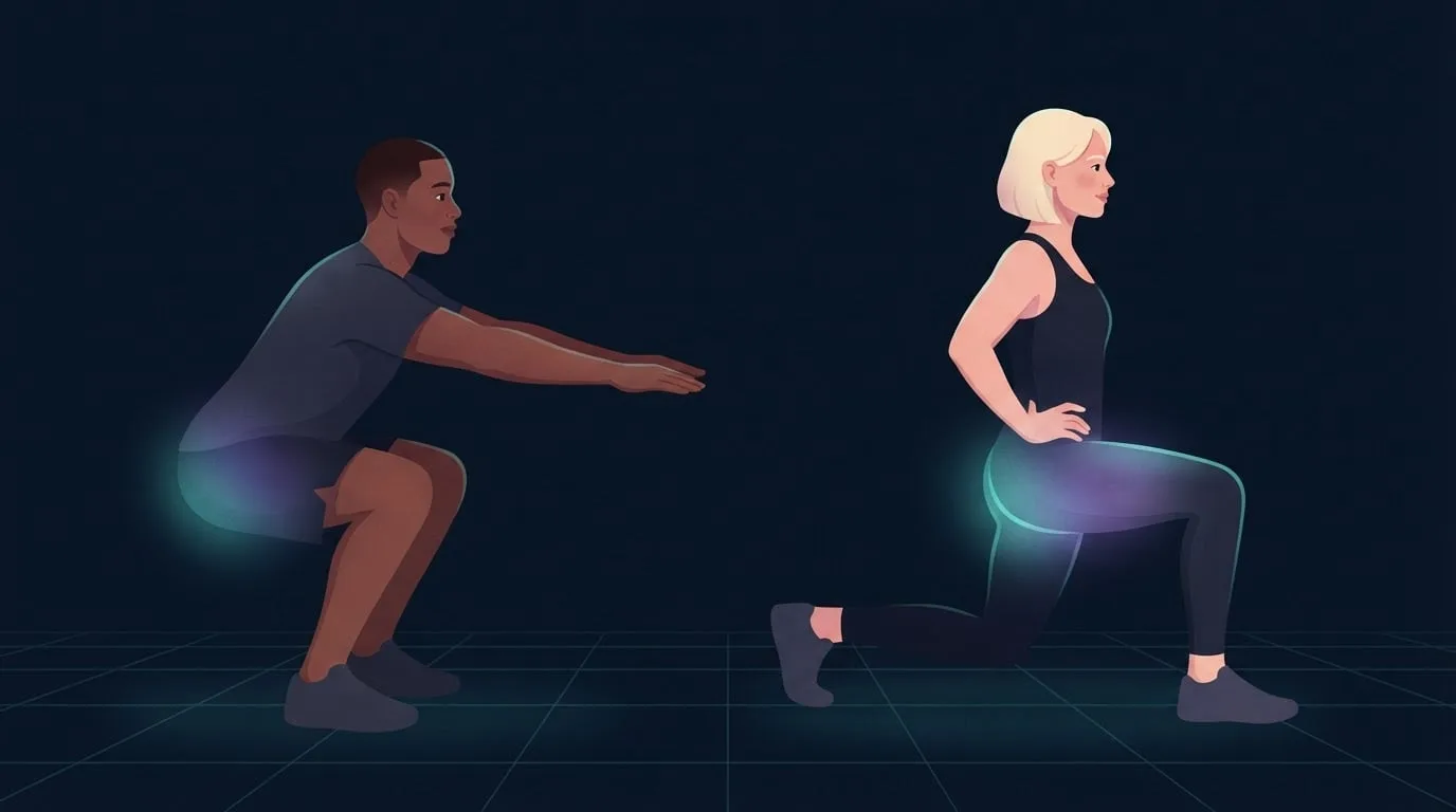 Squats vs lunges side by side on a dark navy grid floor: a man at the bottom of a bodyweight squat beside a woman in a lunge, with the glutes and thighs of both figures glowing teal and violet
