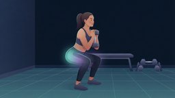 A woman at the bottom of a goblet squat holding one dumbbell at her chest in a dark navy home gym with a faint teal grid floor, her glutes and thighs glowing teal and violet