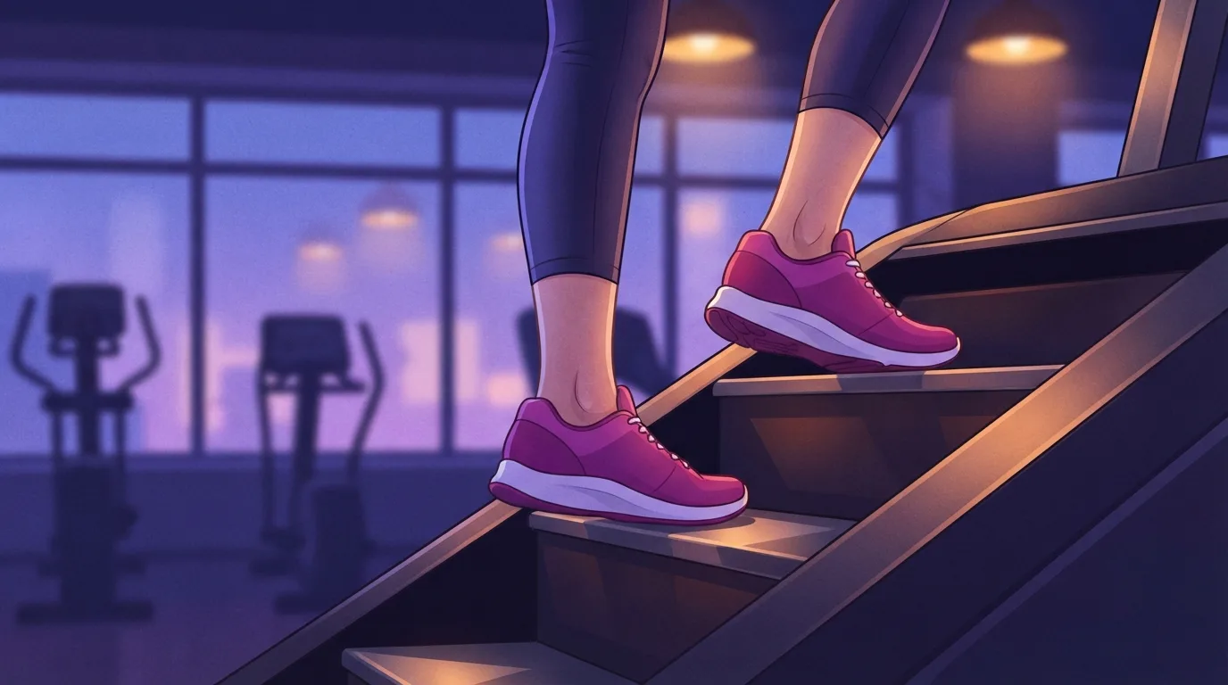 Nahaufnahme der magentafarbenen Sneaker eines Kletternden auf den rotierenden Stufen eines Treppensteigers, ein Fuß flach auf einer Stufe aufgesetzt und der andere auf der Stufe darüber